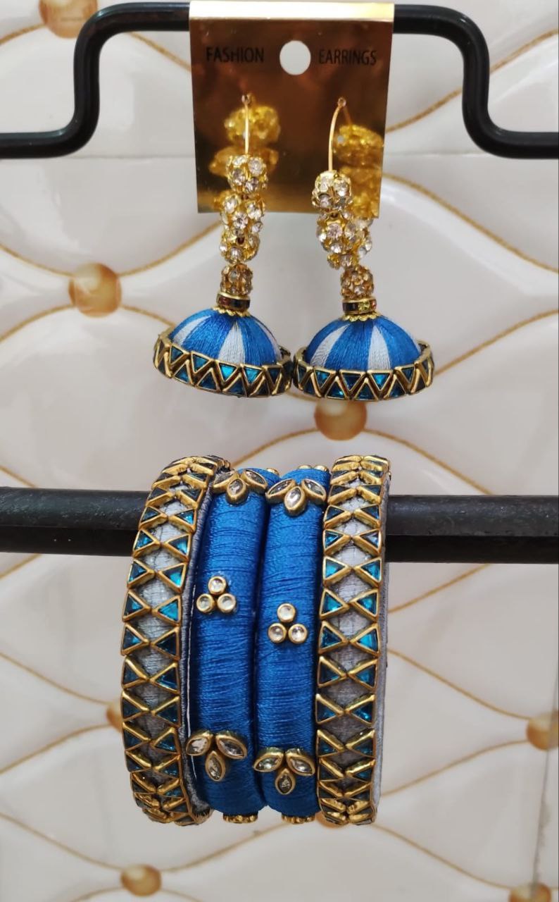 Dark blue and ash thread with blue stone ring earring