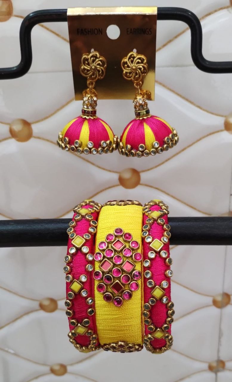 Double colour thread DNA bangles with stud earrings